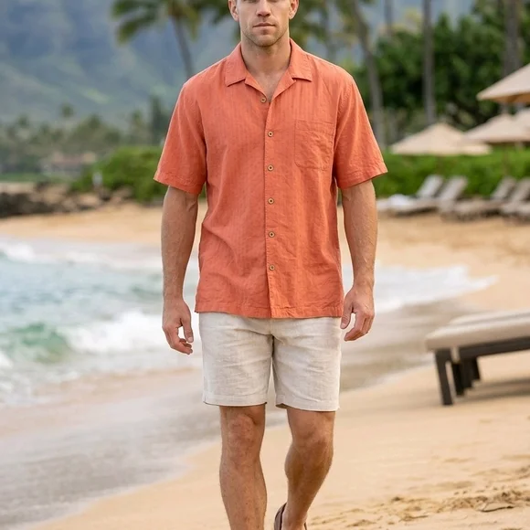 Tommy Bahama 100% Silk Orange Embroidered Pineapple Palm Tree Camp Shirt - M - Picture 2 of 13